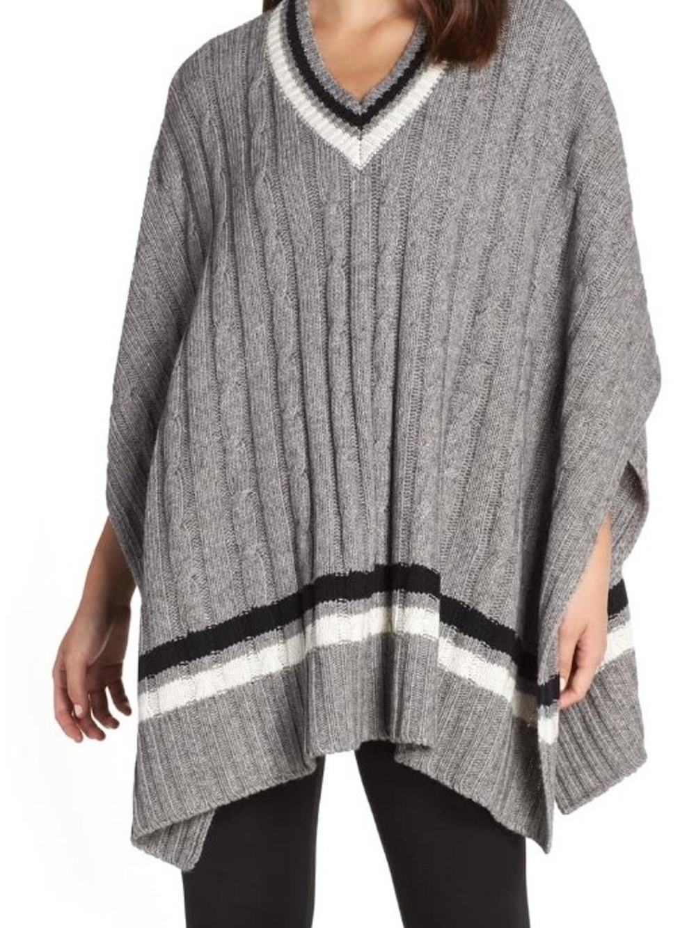 UGG Gray Cable Knit V-Neck Poncho with Black and White Stripe Trim